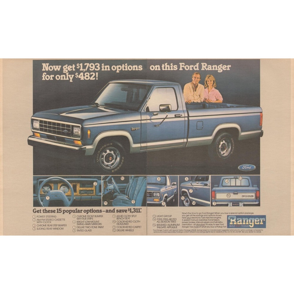 1987 Ford Ranger Magazine Print Ad Blue Pickup Truck Built Ford Tough 80s Decor